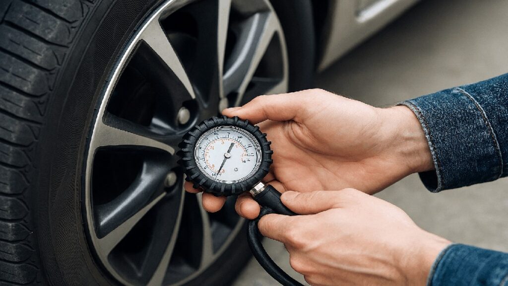 エアゲージでタイヤの空気圧を測定している様子の手元アップ
