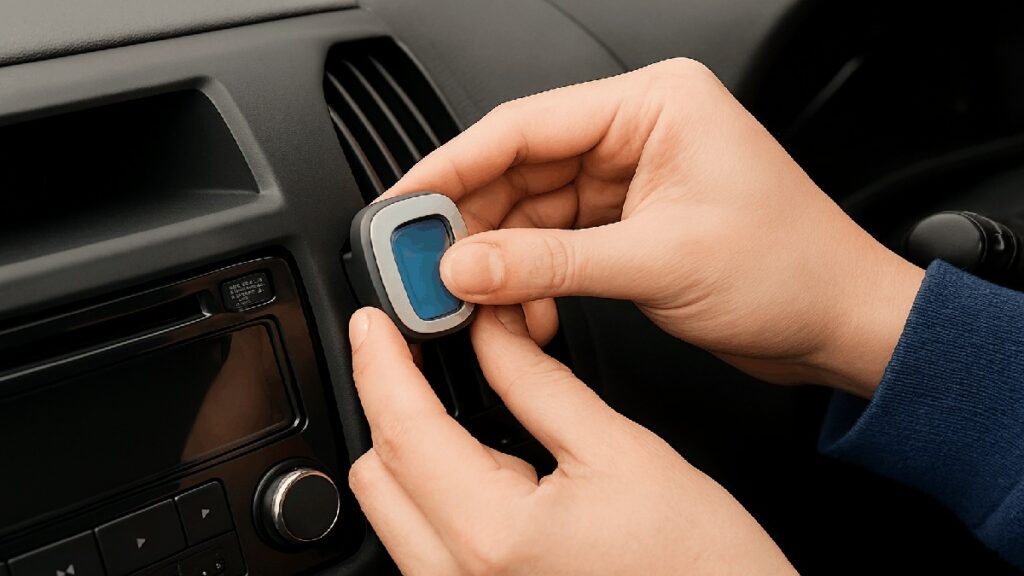 車のエアコン吹き出し口に、消臭クリップを取り付けようとしている写真。