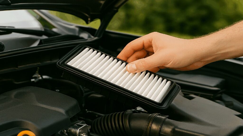 エンジンルーム内でエアーフィルターを取り外している手元の写真