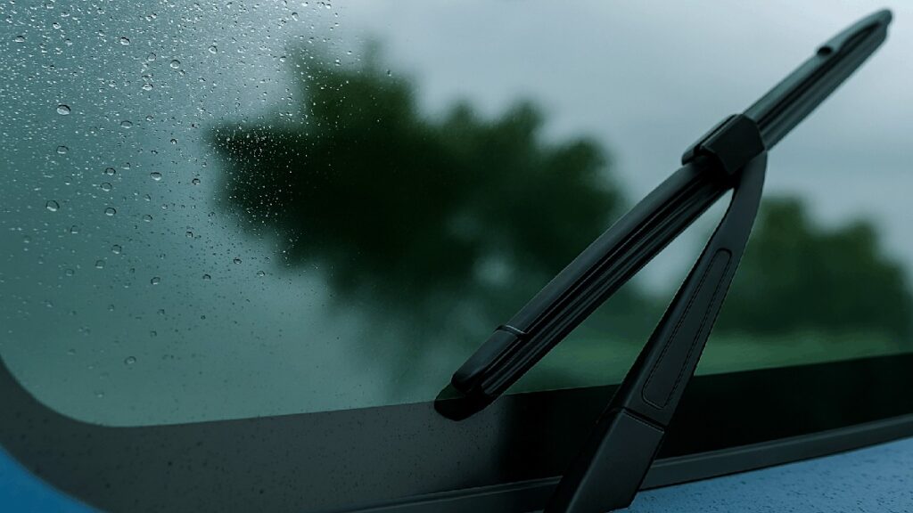 黒いワイパーが雨粒を拭き取り、運転席から見たフロントガラスの右側がクリアになっている写真風イメージ