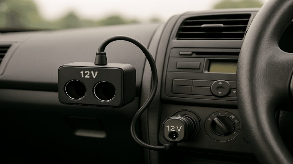 車内でDC分配器を使う様子。