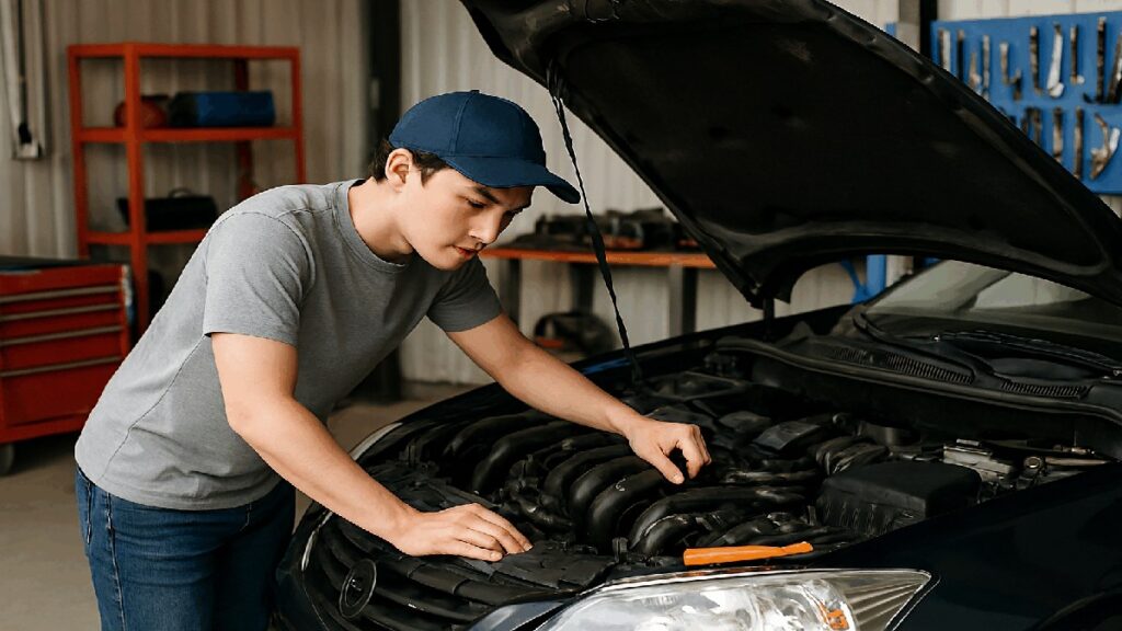 整備用ガレージで初心者が車のエンジンを確認している様子。赤い工具棚と青いペグボードが背景にある。