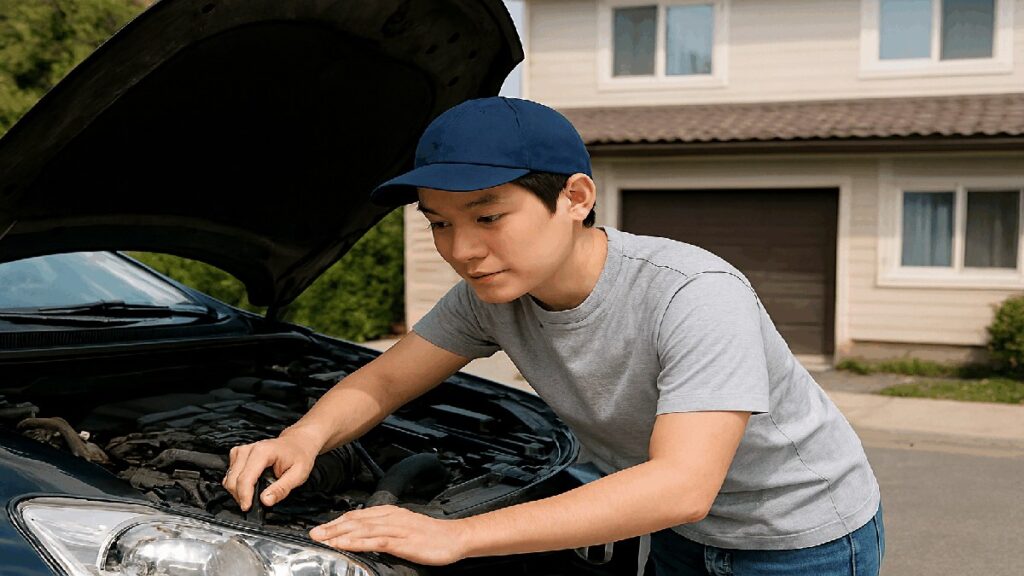 初心者が自宅の駐車場で車を整備している様子。住宅街の背景と工具が並ぶ写真風イメージ。