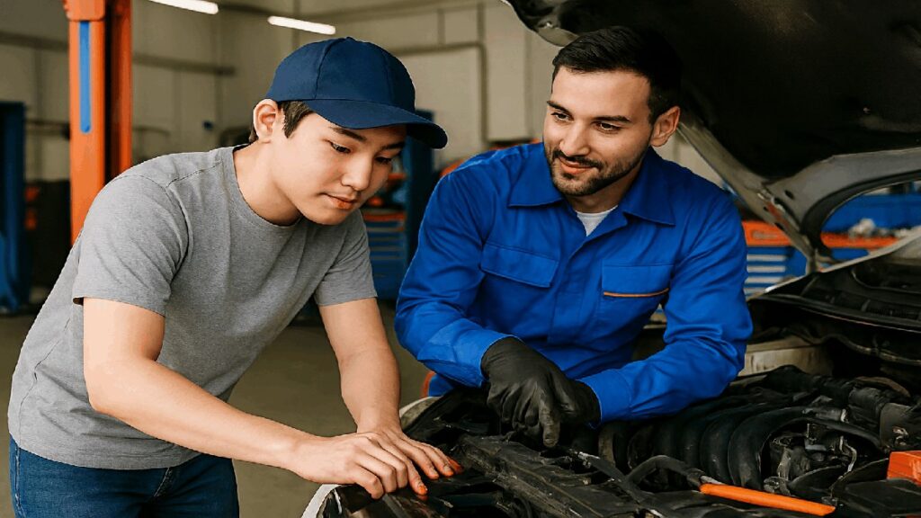 カー用品店のピットで整備スタッフが初心者にエンジンの説明をしている様子。工具棚とリフトが背景にある写真風イメージ。