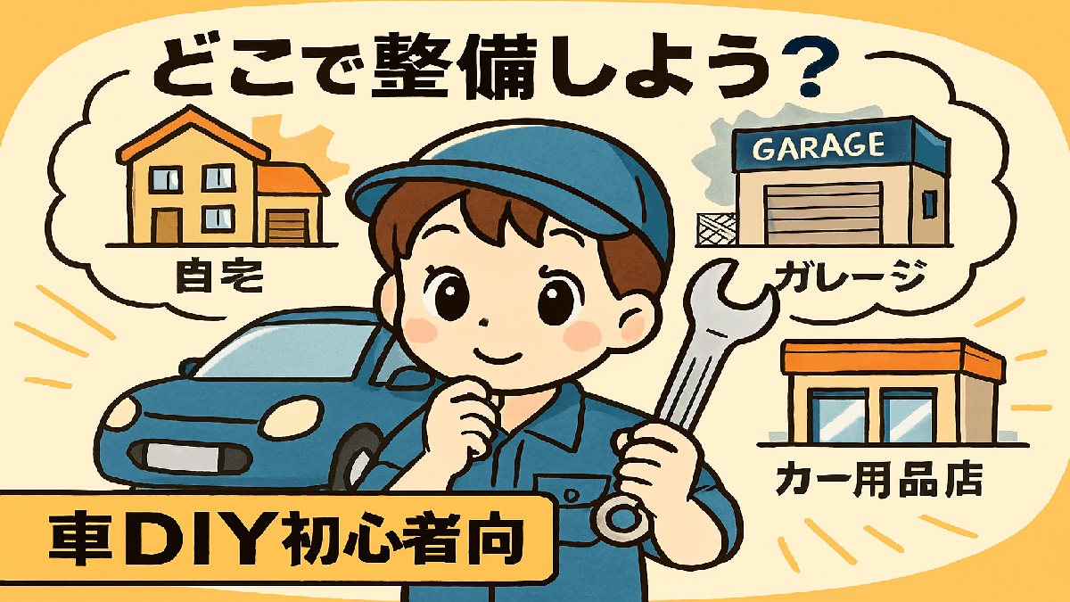 かわいらしい初心者キャラが「どこで整備しよう？」と悩む様子を描いたマンガ風イラスト。背景に自宅・ガレージ・カー用品店の整備候補地が描かれている。