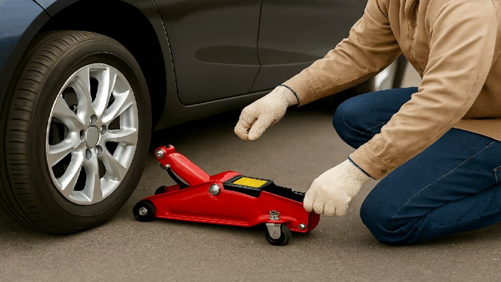 DIY初心者がジャッキを使って車体を持ち上げているタイヤ交換作業の様子