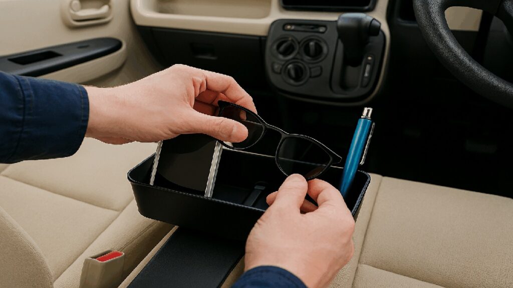 納ケースからサングラスを取り出す瞬間。スマホやペンも整理されている様子。