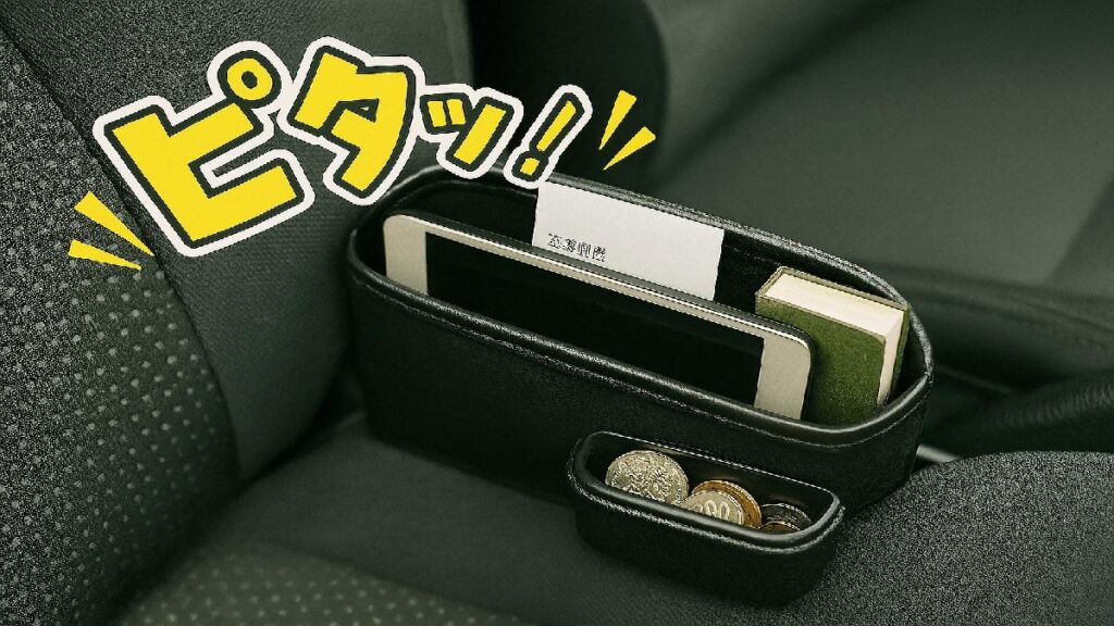 サイドポケット収納ボックスに駐車券や小銭が整然と入っている写真風の画像。効果音「ピタッ」が描かれている