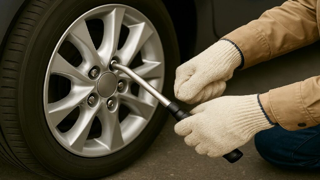 DIY整備でタイヤ交換後にホイールナットを締めている手元の写真風イメージ