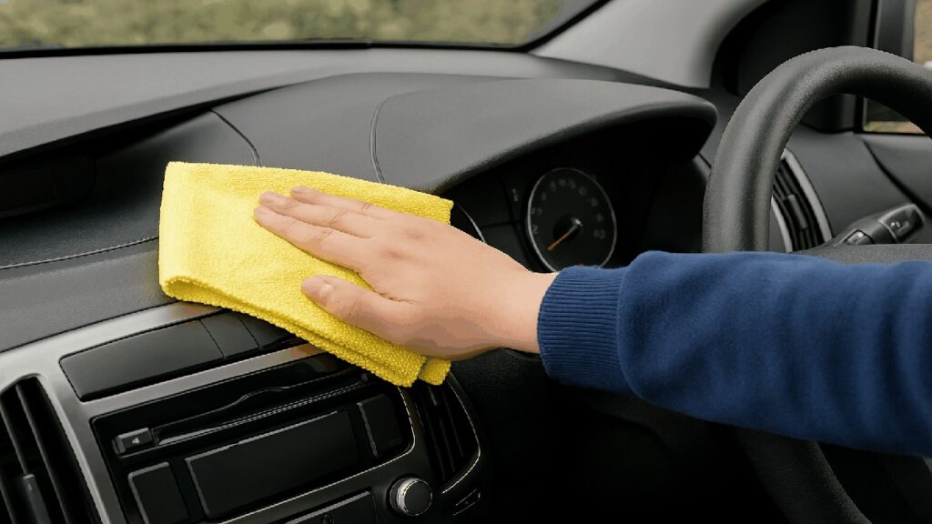マイクロファイバークロスを使って、自動車のダッシュボードを掃除している写真。