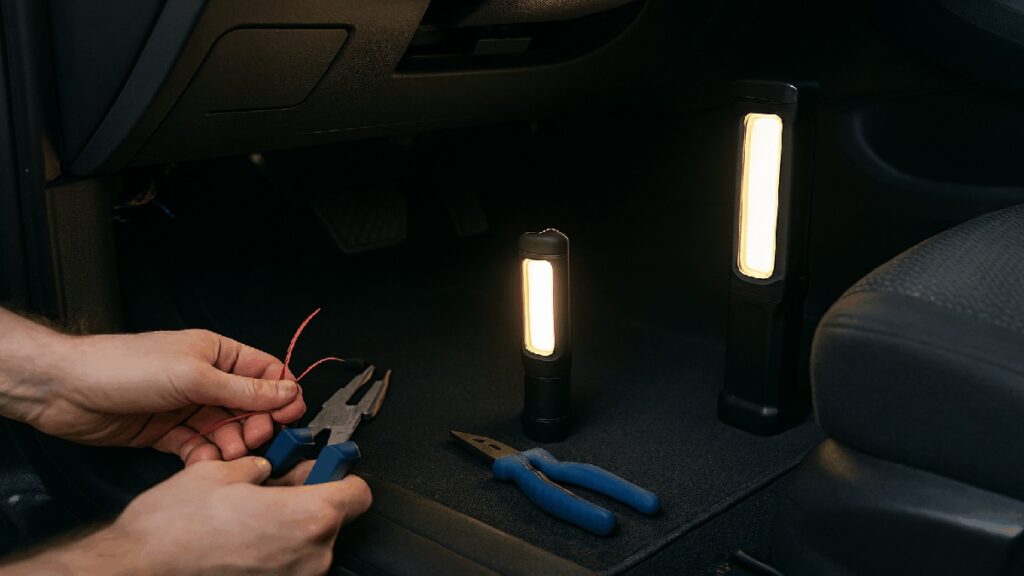 車の運転席足元にLEDライトと配線用工具が置かれている準備風景