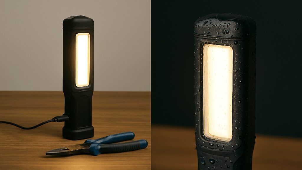 木製テーブル上でUSB充電中のLEDライト、防水仕様のボディに水滴が付着している様子