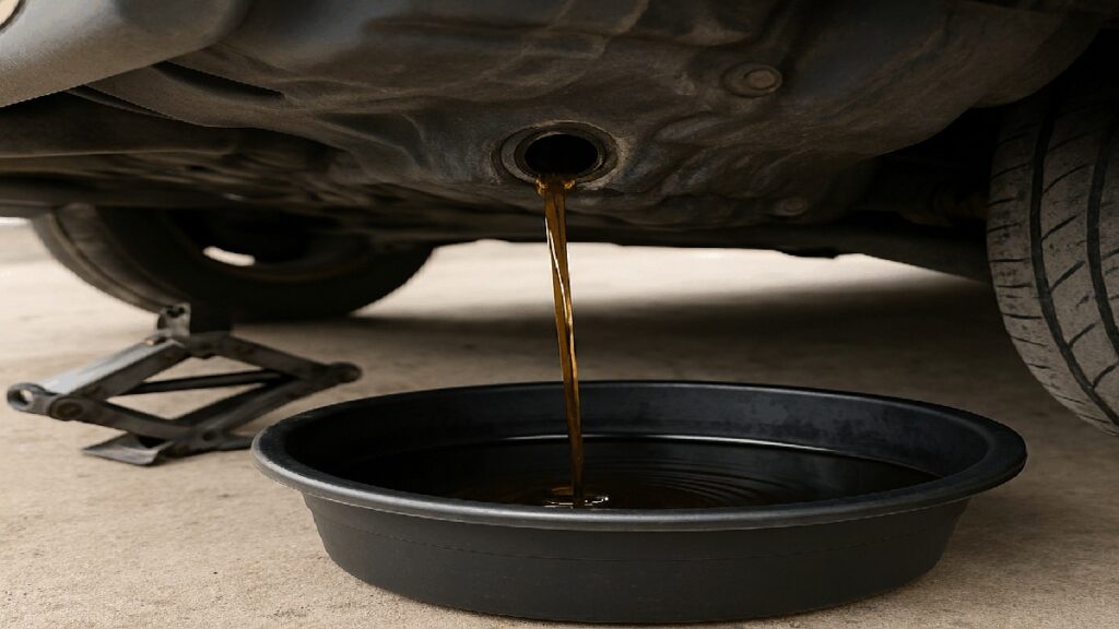 ジャッキアップされた車から古いオイルを排出している様子