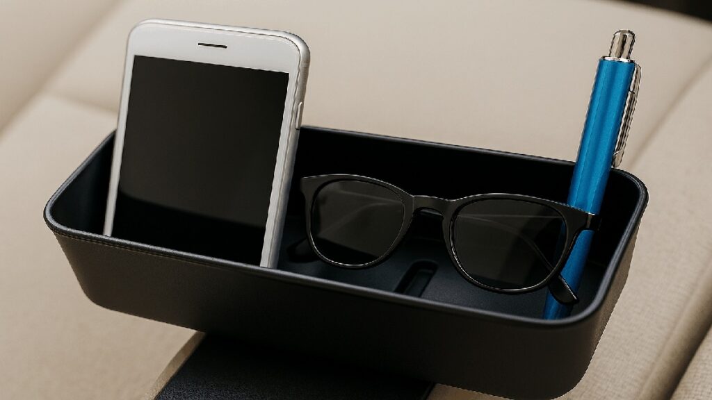 黒い収納ケースにスマホ、サングラス、ブルーのペンが整理されて入っている様子。