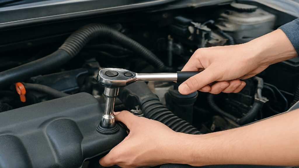 ラチェットレンチでエンジン整備する様子