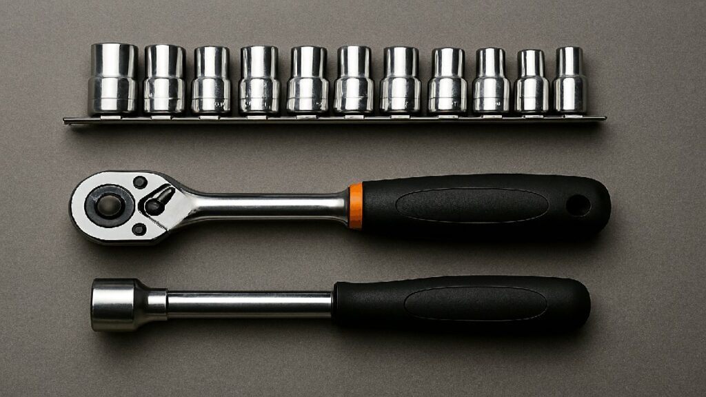 ラチェットレンチ、サイズ色々のソケット、延長バーがグレー背景に並ぶ工具セット。クローム仕上げと黒のグリップが特徴。