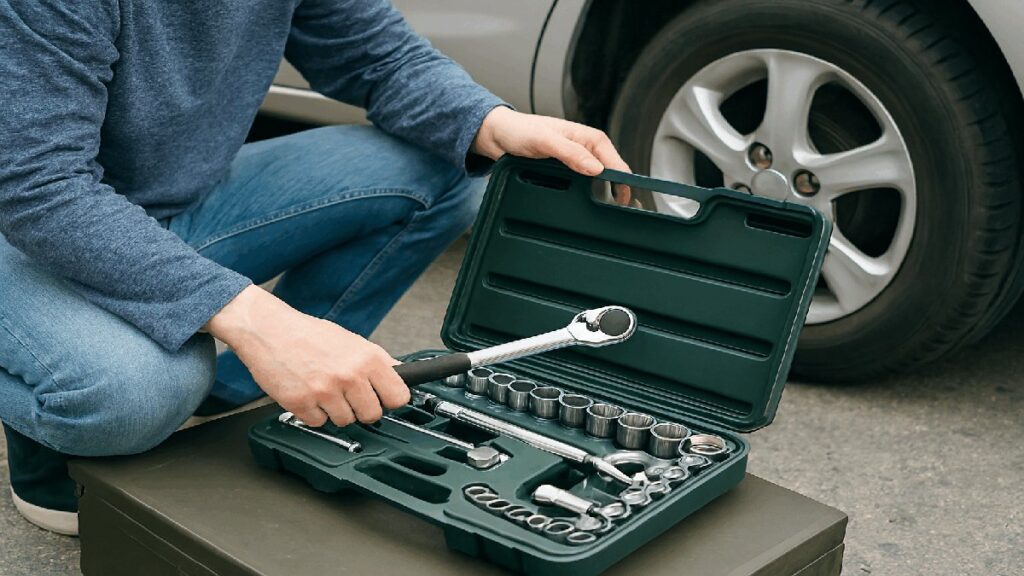 整備前に工具セットを準備する場面