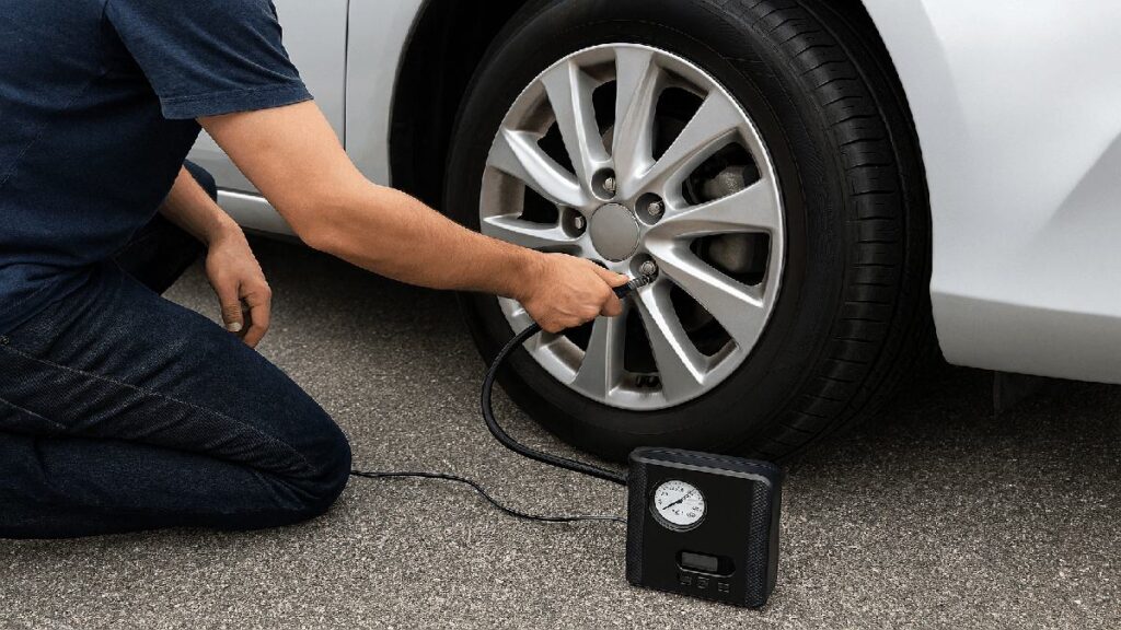 シガーソケット式空気入れでタイヤに空気を補充している場面の写真風画像