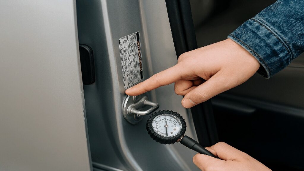 車両指定空気圧ラベルを運転席側ドアの内側で指差している手元の写真