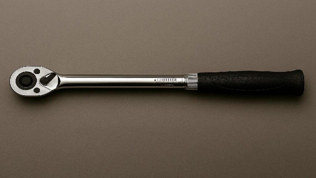 グレー背景に水平配置されたタイヤ用トルクレンチ。クローム仕上げのシャフトと黒いグリップが特徴。
