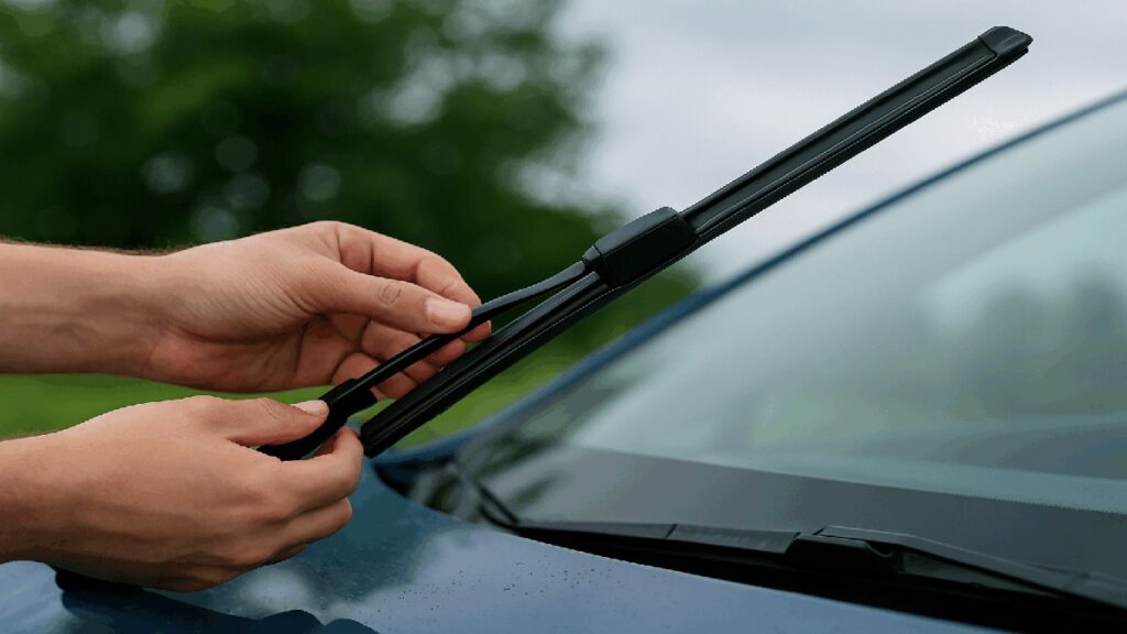 フロントガラス前で、黒いワイパーを手で取り外して交換している写真風イメージ