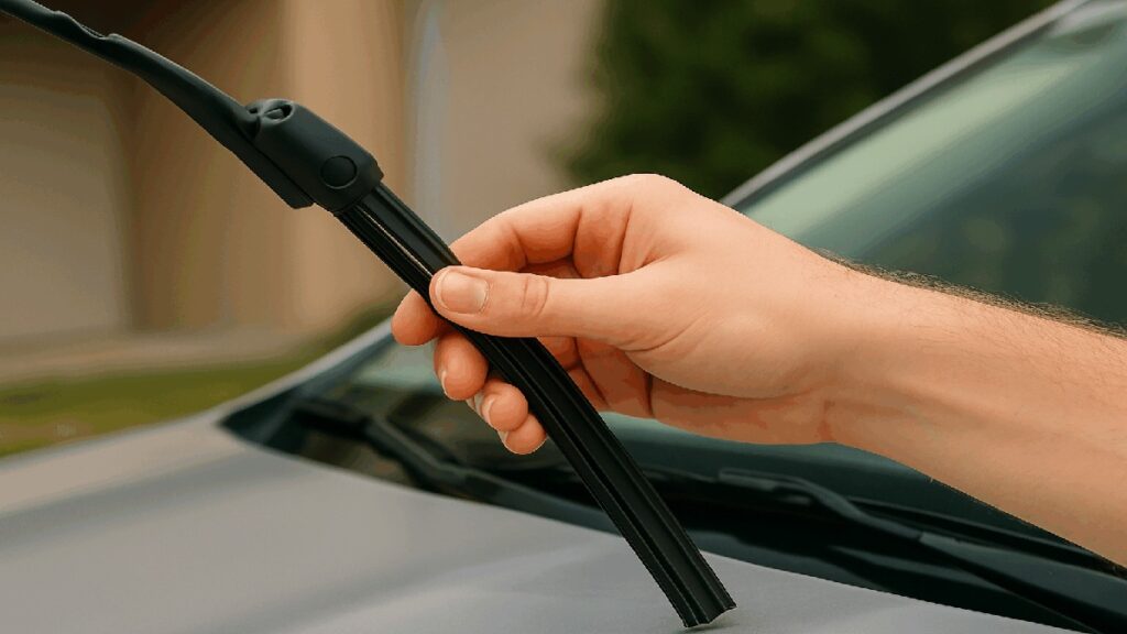 フロントガラス上でワイパーゴムを交換している手元の写真