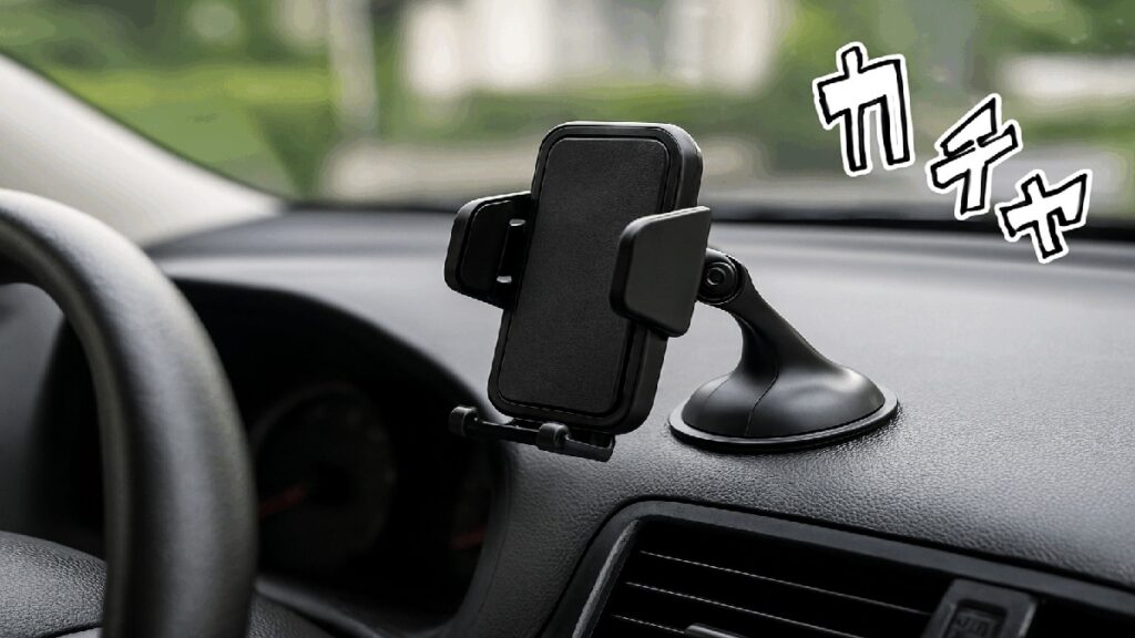 車のダッシュボード中央にスマホホルダーを取り付けている様子