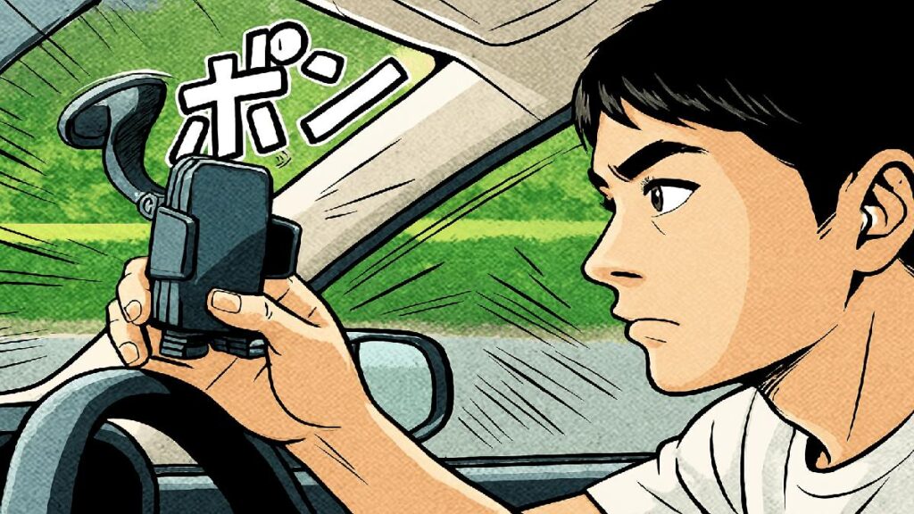 フロントガラスに吸盤式スマホホルダーを取り付けながら、前方の視界を確認しているドライバーのマンガ風イラスト