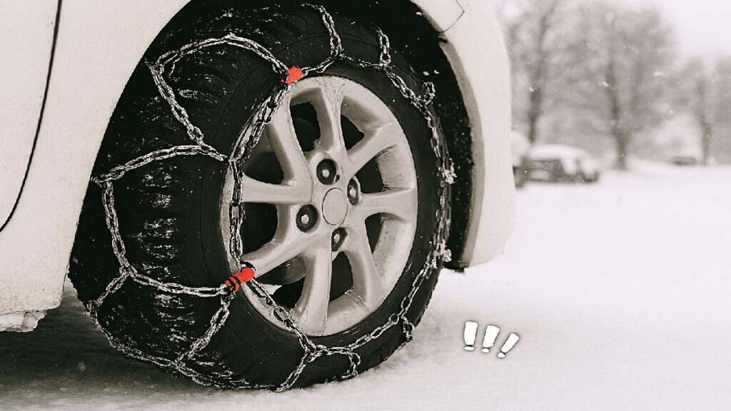 金属製タイヤチェーンが装着されたタイヤのアップと、雪が積もった道路の背景