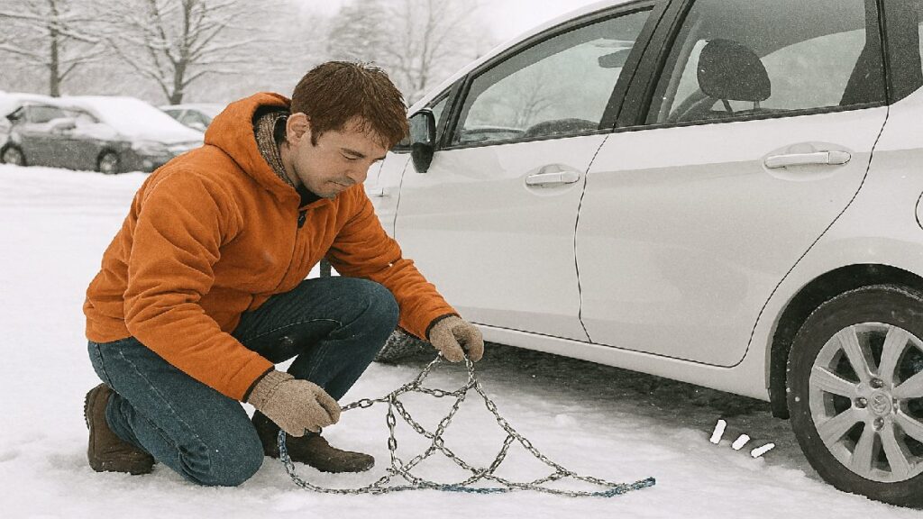 雪道の駐車場で右ハンドル車の前に立ち、非金属製タイヤチェーンを広げて準備する男性