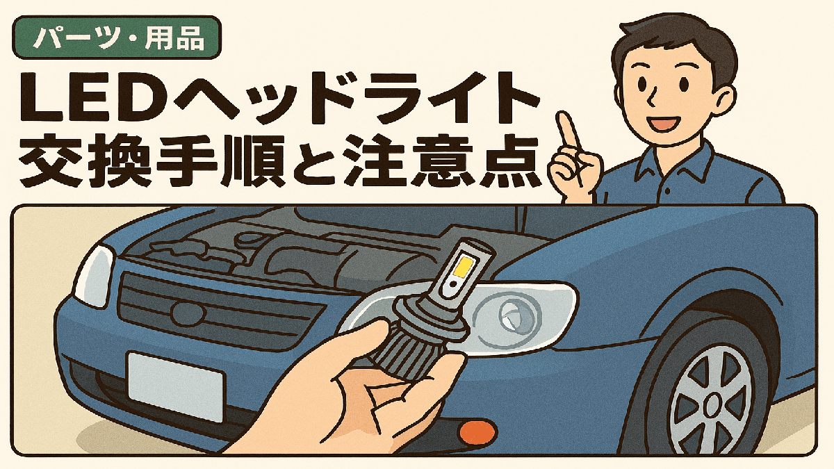 初心者がLEDヘッドライトを交換している様子のマンガ風イラスト